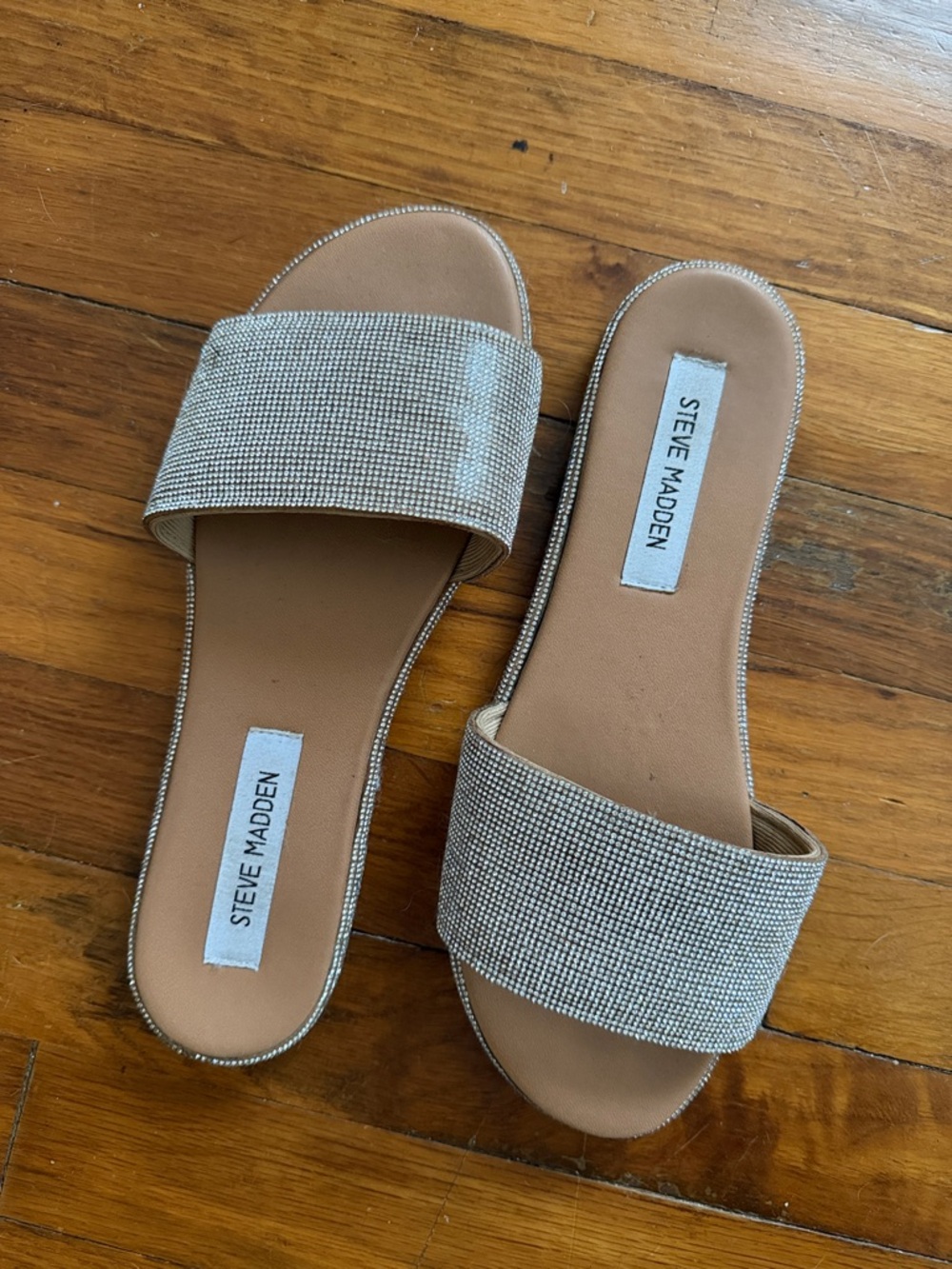 Steve Madden Sparkle Crystal Slide Sandals - Champagne/Tan
